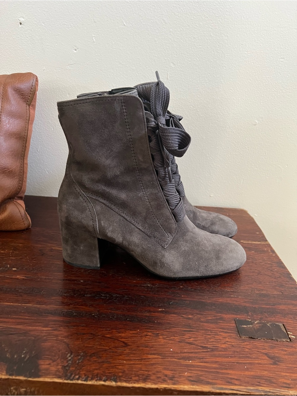 Paul Green Gray Suede Lace-Up Block Heel Ankle Boots